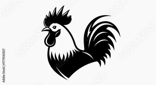 A stylized black and white illustration of a proud rooster standing.