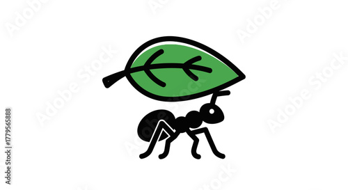 Cartoon image of an ant carrying a large green leaf on its back.