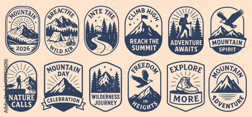 Vintage outdoor adventure badges set. features mountains, forests, hikers, eagles, tents, and inspirational text for nature, exploration, and camping.