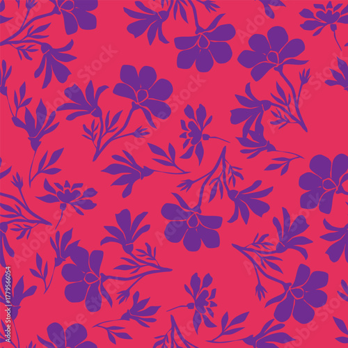 Seamless floral pattern, liberty ditsy print with cute large botany in retro folk style. Beautiful botanical design of hand drawn wild plants: flowers, leaves on black background. Vector illustration