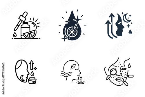 Skincare and Beauty Line Icons Set. Natural cosmetic products, vitamin C serum, facial treatment, acne solutions, healthy glowing skin care routine symbols.