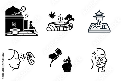 Spa and Wellness Vector Icons Set: Traditional Baths, Onsen, Hot Tub, Facial Skincare, and Beauty Treatments