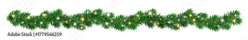 Wavy seamless Christmas garland of lush green fir branches with twinkling lights and sparkles. Realistic festive horizontal border for banners and cards. Transparent background in vector file.
