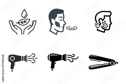 Skincare, Hair Care & Beauty Icons: Natural Products, Face Mask, Acne, Hairdryer, Straightener
