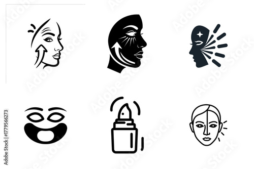 Beauty and Skincare Icons Set: Facial Treatment, Anti-Aging, Radiant Skin, Cosmetic Products, and Face Mask Vector Collection