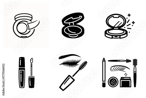 Makeup and Beauty Products Black and White Icons Set - Cosmetics, Mascara, Powder, Eyebrow Pencils & Brushes Vector Illustrations