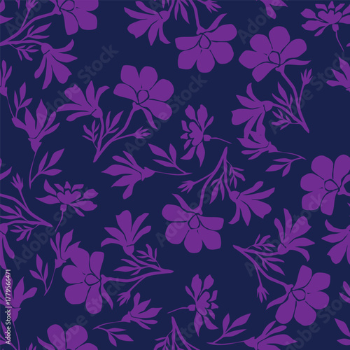 Seamless floral pattern, liberty ditsy print with cute large botany in retro folk style. Beautiful botanical design of hand drawn wild plants: flowers, leaves on black background. Vector illustration