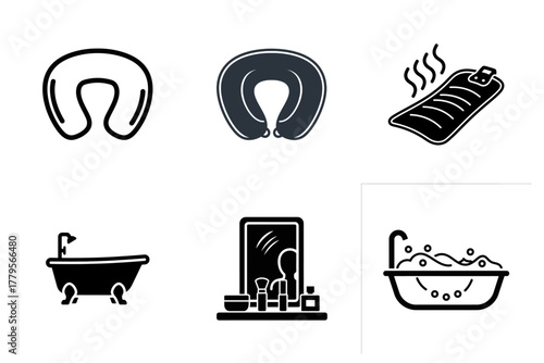 Comfort and Self-Care Lifestyle Icon Set: Travel Pillow, Heating Pad, Bathtub, and Vanity Graphics