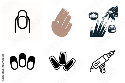 Manicure and Nail Care Service Icons Set. Professional Beauty Salon Tools, Artificial Nail Application, and Stylist Equipment Vector Glyphs