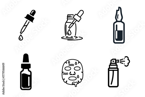 Skincare and Beauty Product Icons Set: Serum Dropper, Ampoule, Face Mask, Spray Bottle - Cosmetic Treatment Vector Collection