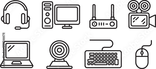 Eight icons for computer hardware and multimedia devices Keywords: computer, hardware, technology