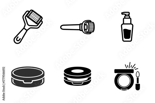 Beauty and Skincare Icons Set: Makeup, Derma Roller, Facial Brush, Lotion Bottle. Essential Cosmetic Products and Tools Collection.