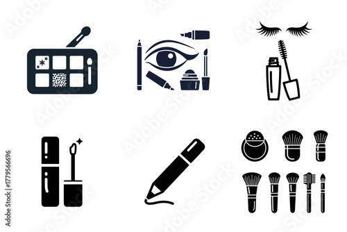 Makeup and Beauty Cosmetics Flat Design Icons Set. Vector Collection of Eyeshadow, Mascara, Brushes, Eyeliner, and Lip Gloss.