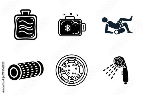 Wellness & Self-Care Glyphs: Hot & Cold Therapy, Foam Rolling, Jacuzzi, Shower. Health, Recovery & Relaxation Icon Set.