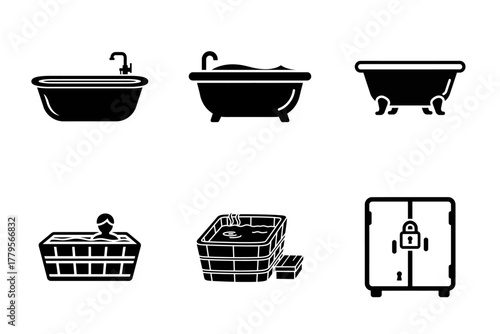Bathtub, Hot Tub, and Spa Icons Set - Bathroom, Relaxation, Wellness Glyphs