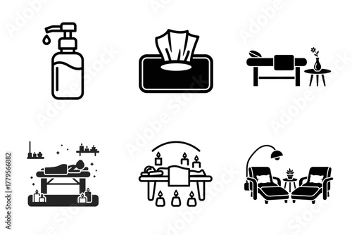 Spa and Wellness Icons Set: Relaxation, Massage, and Beauty Treatment Glyphs. Vector Symbols for Self-Care, Comfort, and Luxury Services.