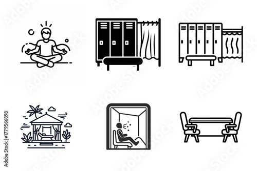 Spa and Wellness Line Icons Set: Meditation, Locker Room, Outdoor Relaxation, and Modern Therapy Concepts