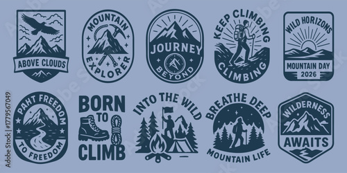 Collection of outdoor adventure and mountain exploration vector badges, perfect for nature enthusiasts, hiking clubs, and wilderness travel branding designs