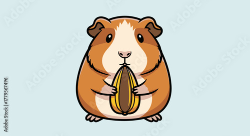 A cartoon guinea pig holding a sunflower seed against a light blue background.