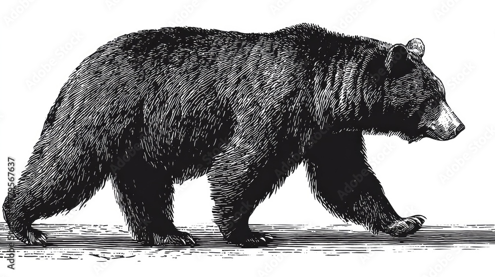 Obraz premium Black bear walking illustration on white background detailed artistic style