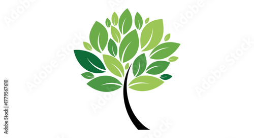 A stylized tree with a black curved trunk and a lush canopy of various green leaves on a white background.