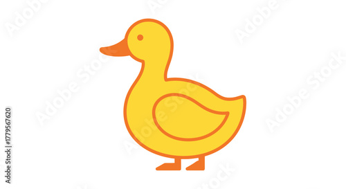 Simple cartoon illustration of a yellow duck with orange beak and feet, isolated.