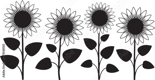 Four stylized sunflowers with leaves isolated on white background