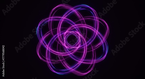 Brilliant glowing neon light trails form an intricate looping geometric pattern against a dark background