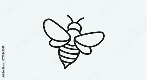 A simple line drawing of a bee with striped abdomen and wings, isolated on a white background.