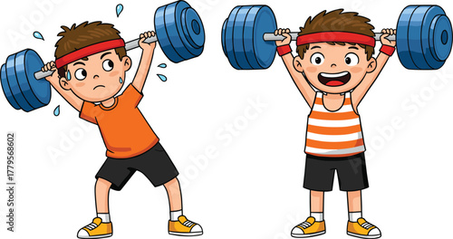Cartoon boys weightlifting, gym exercise, fitness struggle, lifting barbell, sports training, workout success, athlete characters, cad drawing flat vector illustration