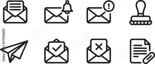 Email And Communication Icons Set With Stamp And Paper Plane On White Background ikfow eight