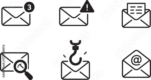 Email icons showing notification alert warning phishing and search envelope message