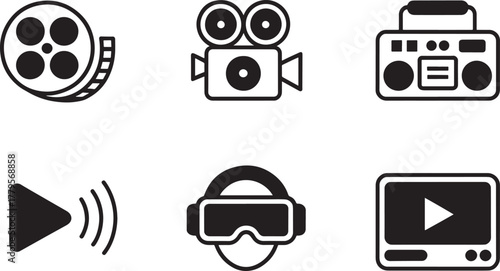 Film reel, video camera, boombox, play button, VR headset, video player screen movie cinema