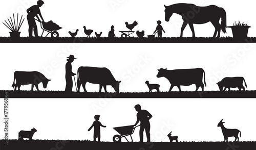 Farm animals and people working in silhouette on a white background