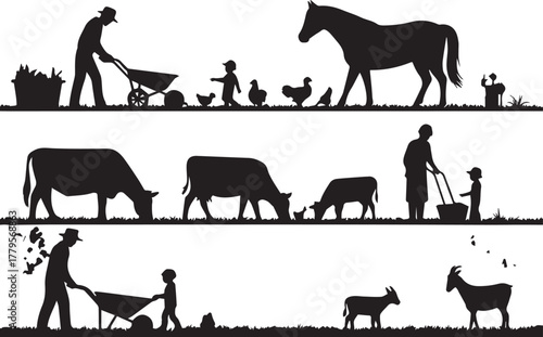 Farm animals and people working on a farm in silhouette