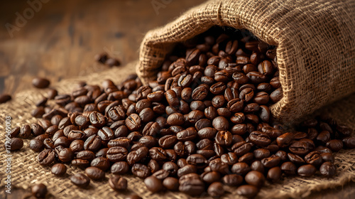 Roasted Coffee Beans Spill From Burlap Sack On Rustic Jute Surface For Gourmet Cafe Branding