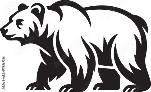 Stylized black bear walking, isolated on white background
