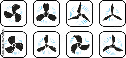 Propeller vector icon set. Aircraft turbine rotor, ship marine engine screw icons isolated on transparent background. Cooling fan icon vector illustration.