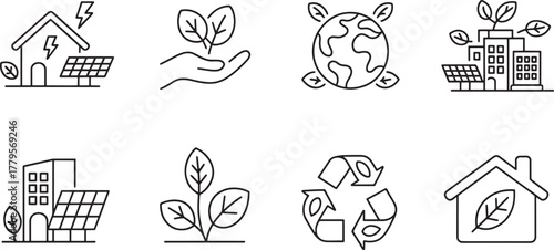 Green energy and sustainability icons with solar panels and plants house home