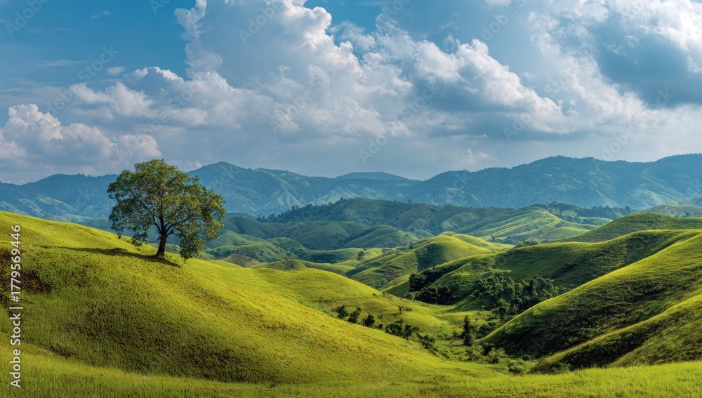 Fototapeta premium Rolling Green Hills and Distant Mountains Under a Cloudy Sky.