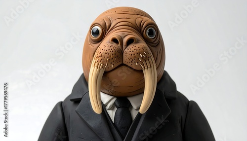 Anthropomorphic walrus character in a suit and tie standing against a white background