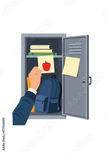 Student putting a drawing of a red pepper into an open locker with books and a backpack inside.