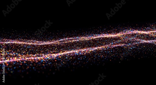 Illuminated particles form flowing, wavy streams against a deep black background