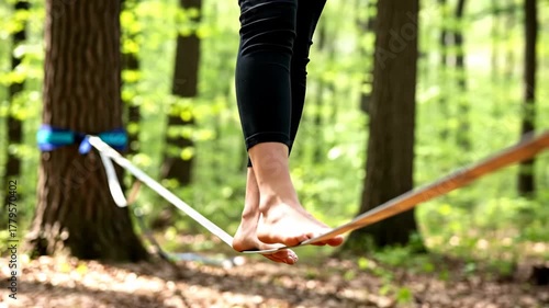 Balancing act: person skillfully walks tightrope in forest background