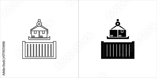 Icons of a crane lifting a box into a shipping container