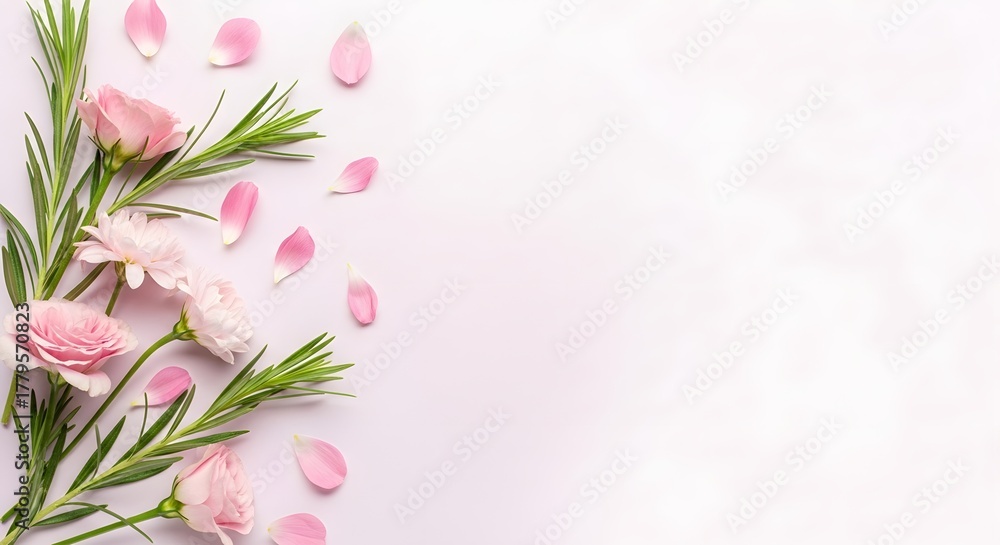 Naklejka premium Delicate pink flowers and greenery border with scattered petals on white background