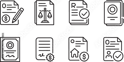 Legal and Financial Document Icons Scales Contract and Certificate justice