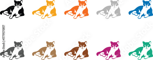 Relaxed cat icons colorful collection, Vibrant feline silhouettes on white background