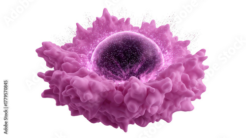 Fototapeta Naklejka Na Ścianę i Meble -  Purple cell with glowing nucleus, abstract biological structure, 3D render, isolated on transparency background, representing science, research, and microscopic life