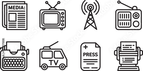 Media and Communication Icons Set Newspaper Television Radio Tower vector illustration